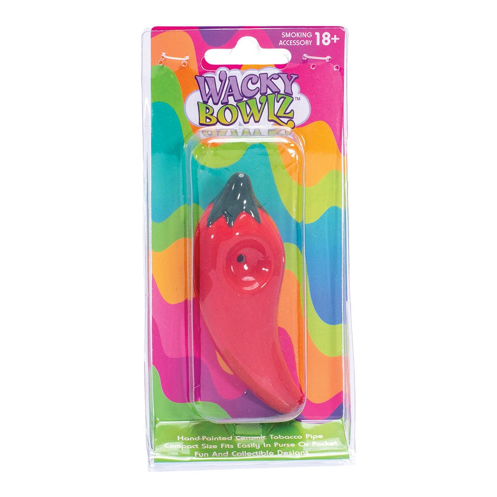 Front view of the Wacky Bowlz Chili Pepper Ceramic Hand Pipe, showing a red, glossy ceramic pipe shaped like a chili pepper.