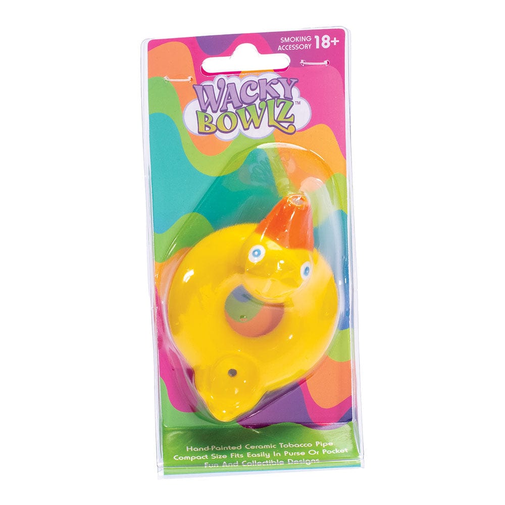 A brightly-lit, angled view of the Wacky Bowlz Ducky Life Saver Ceramic Pipe, featuring a yellow duck design in its packaging.