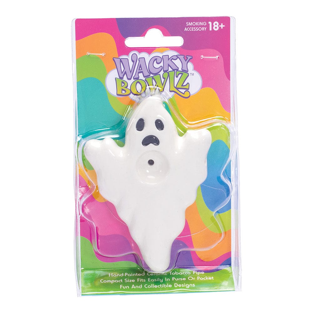 Front view of the Wacky Bowlz Ghost Ceramic Hand Pipe, a white, sculpted ceramic piece resembling a ghost on a branded backdrop.