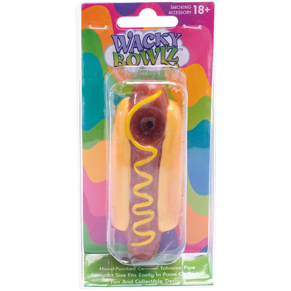 A vibrant, front view of the Wacky Bowlz Hot Dog Ceramic Hand Pipe, showcasing its playful design and glossy finish.