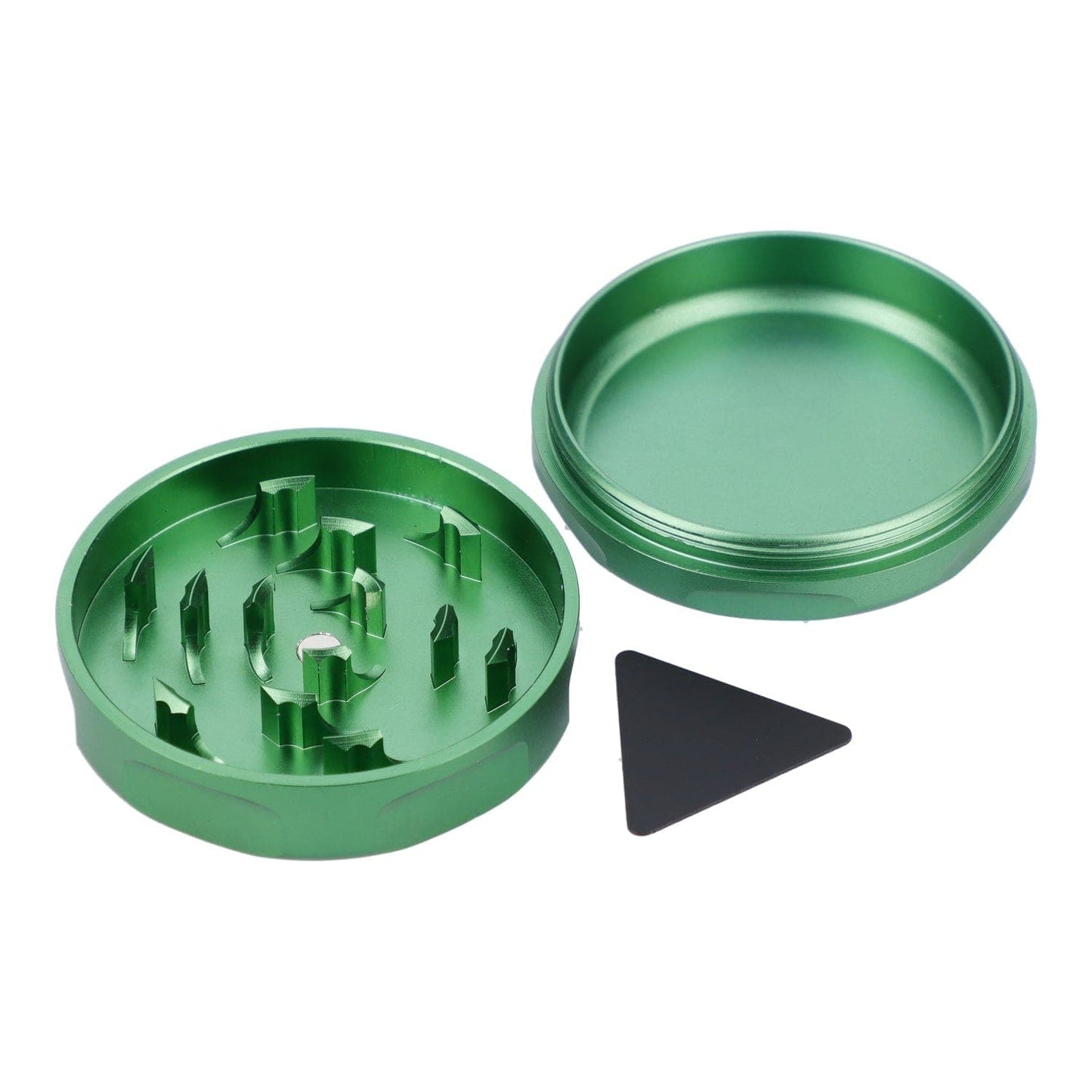 Top-down view of the open 55mm GG4 3 Stage Grinder in green, displaying its multi-tiered grinding components.