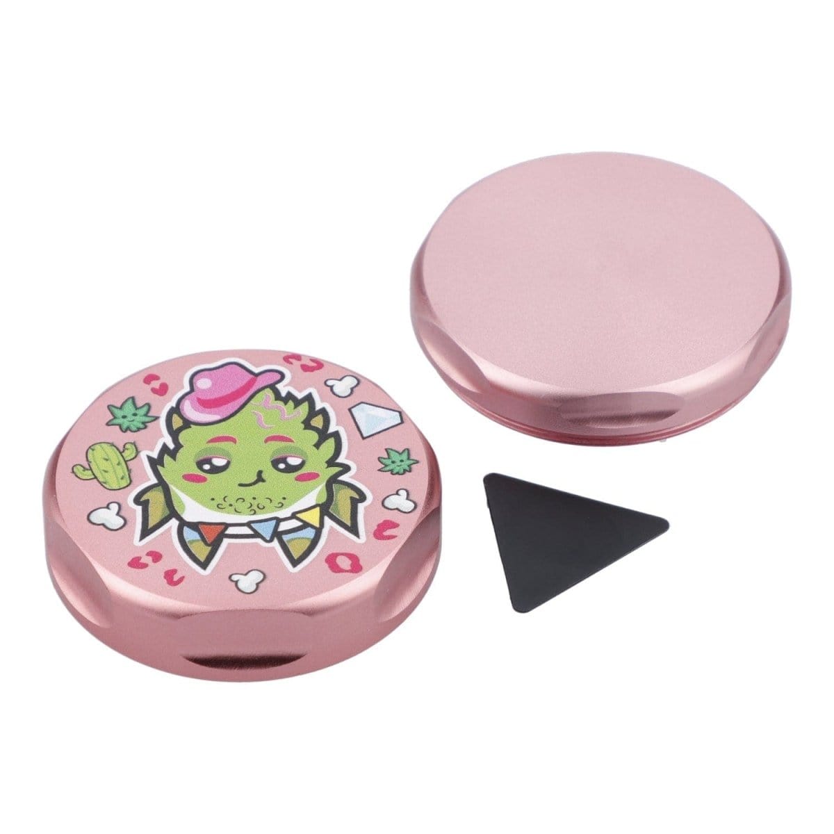 Top-down view of the 55mm Pink Kush 3 Stage Grinder in pink, showcasing its circular design and layered interior.
