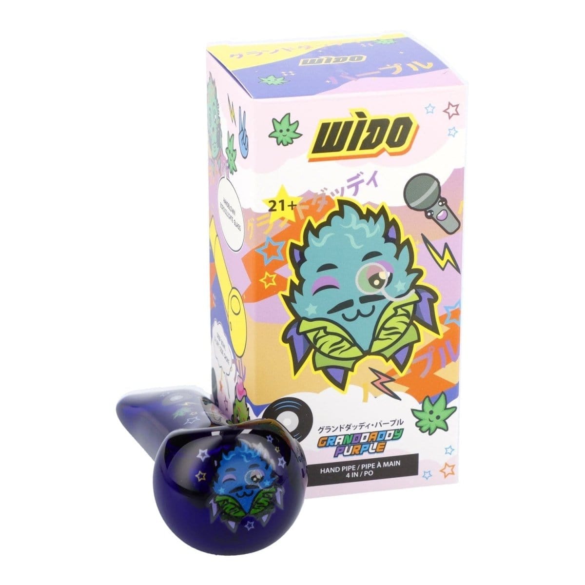 A close-up shot of the dark blue “4” Granddaddy Purple Hand Pipe, displaying colorful branding and a unique, artistic design.