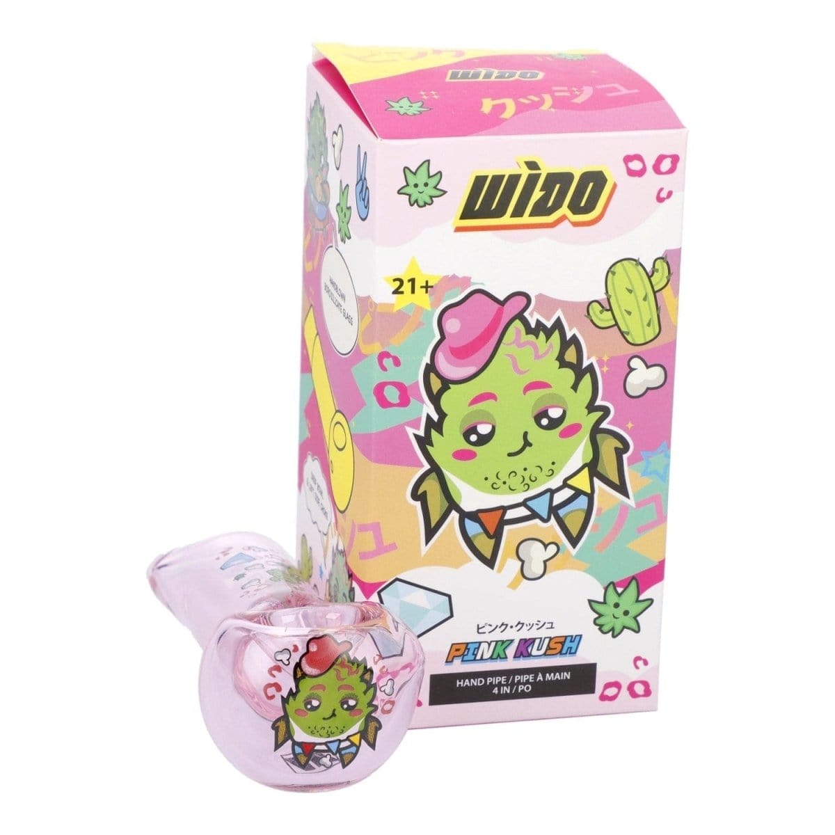 Front view of the 4" Pink Kush Hand Pipe, a transparent pink glass pipe with a whimsical character design.