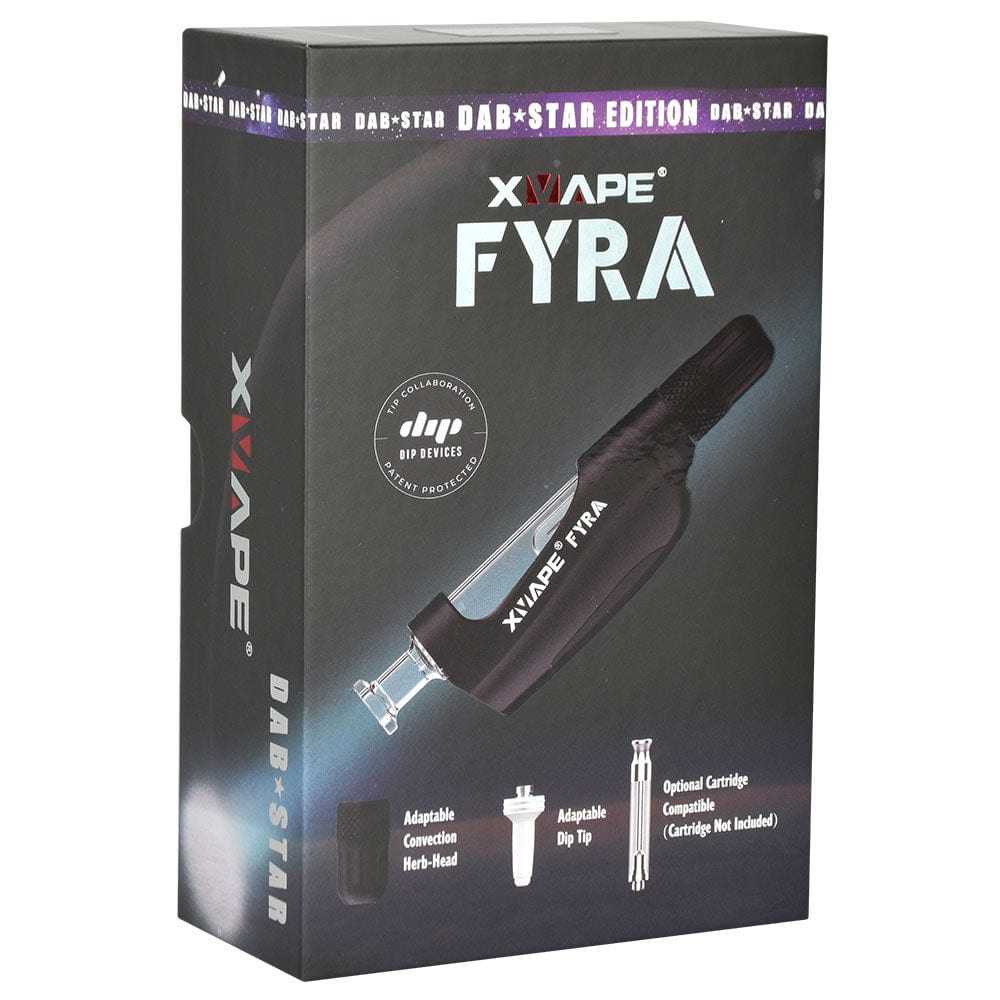 Front view of the XVAPE Fyra Dab Star Edition vaporizer, a sleek, black device with a silver accent, against a dark background.