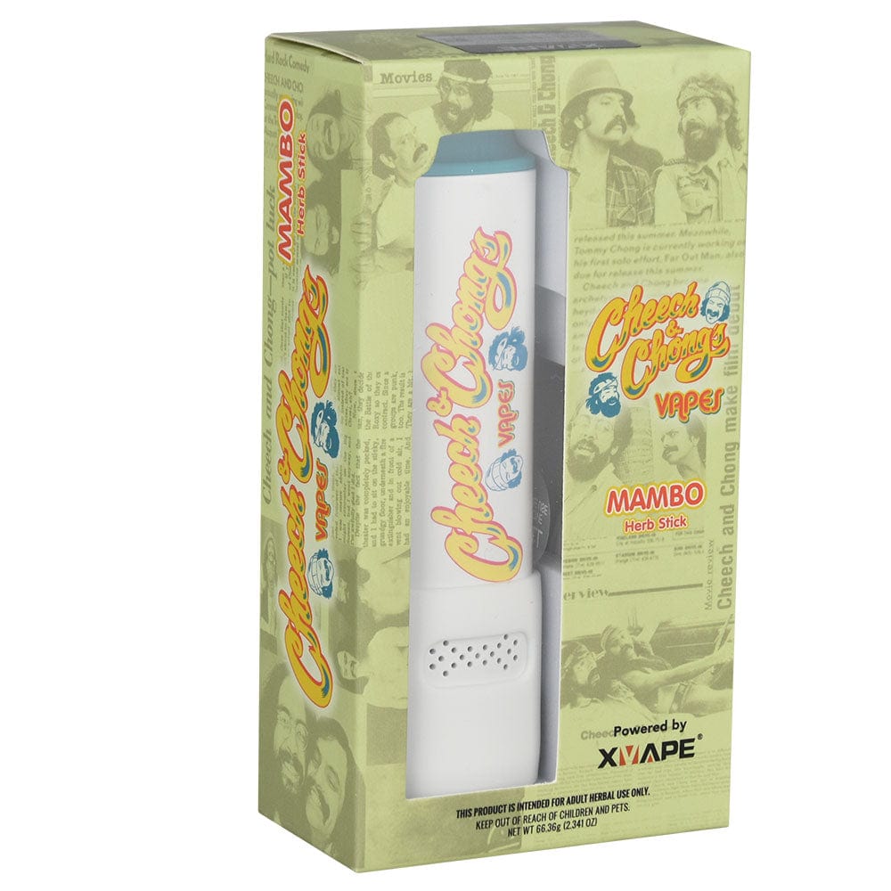 Front view of the XVAPE Mambo Cheech and Chong Dry Herb Vaporizer packaging with a vintage movie poster design.