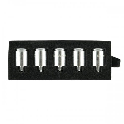 A close-up, top-down view of the five Yocan Evolve Plus Dual Quartz Coils neatly arranged in their packaging.