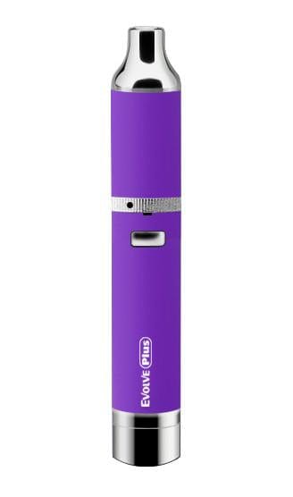 Front view of the Yocan Evolve Plus Vaporizer, a silver and purple pen-style device with a sleek, minimalist design.