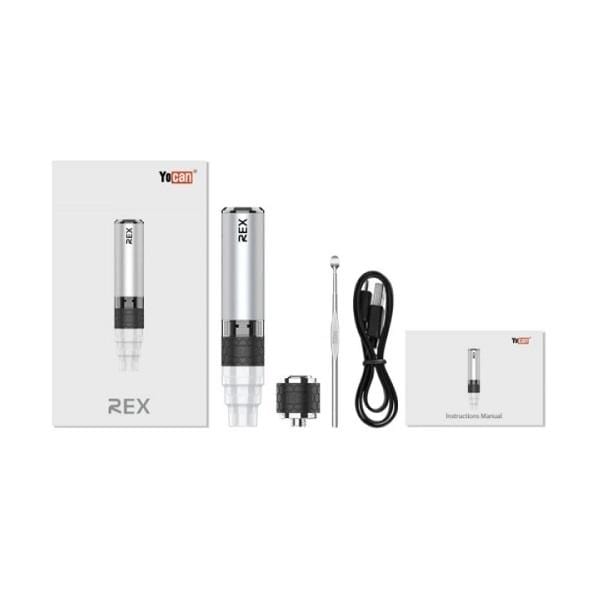 A studio shot displays the Yocan Rex Portable Enail Vaporizer Kit alongside its charging cable and included manual on a white background.