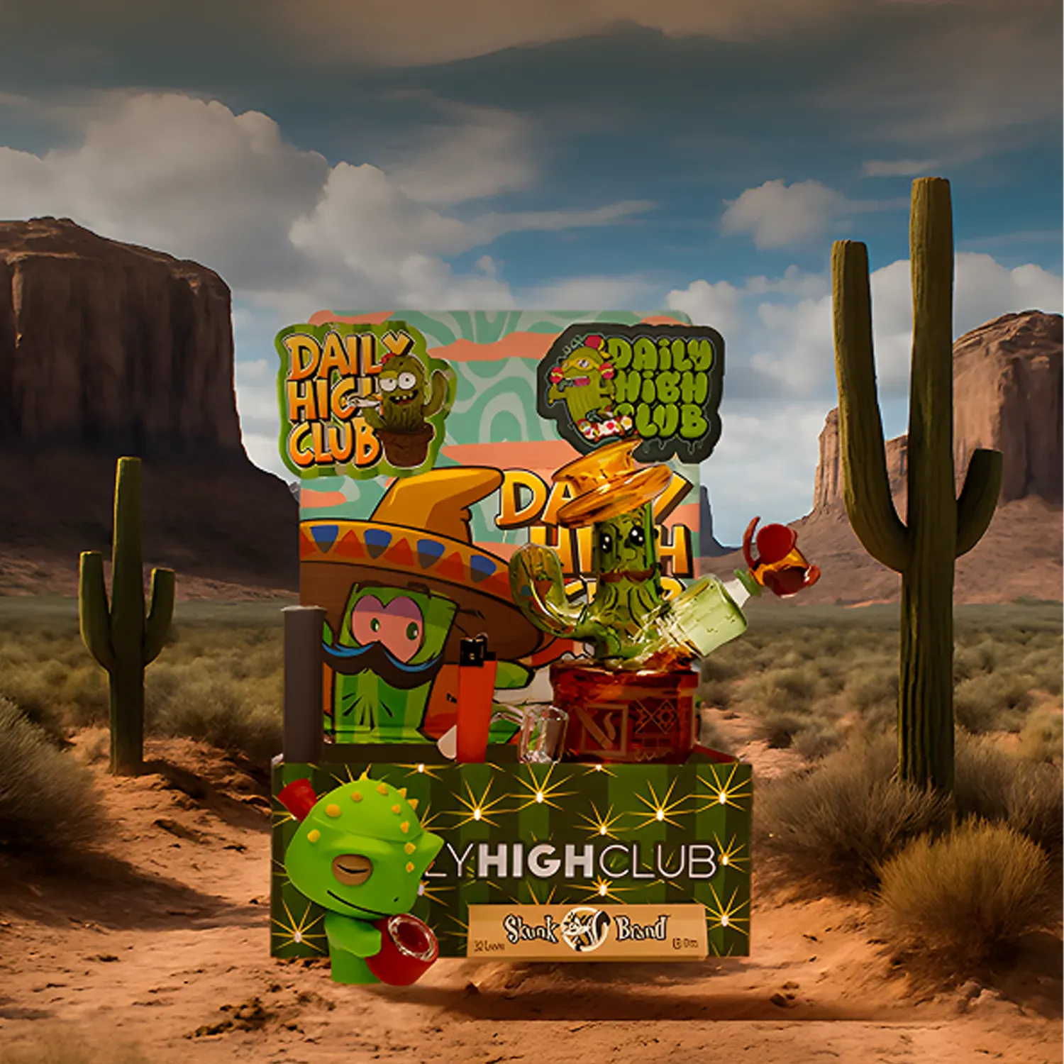 Centered three-quarter view of the Dank Desert Smoking Box with cartoon cactus characters and accessories staged against a sunlit desert mesa backdrop