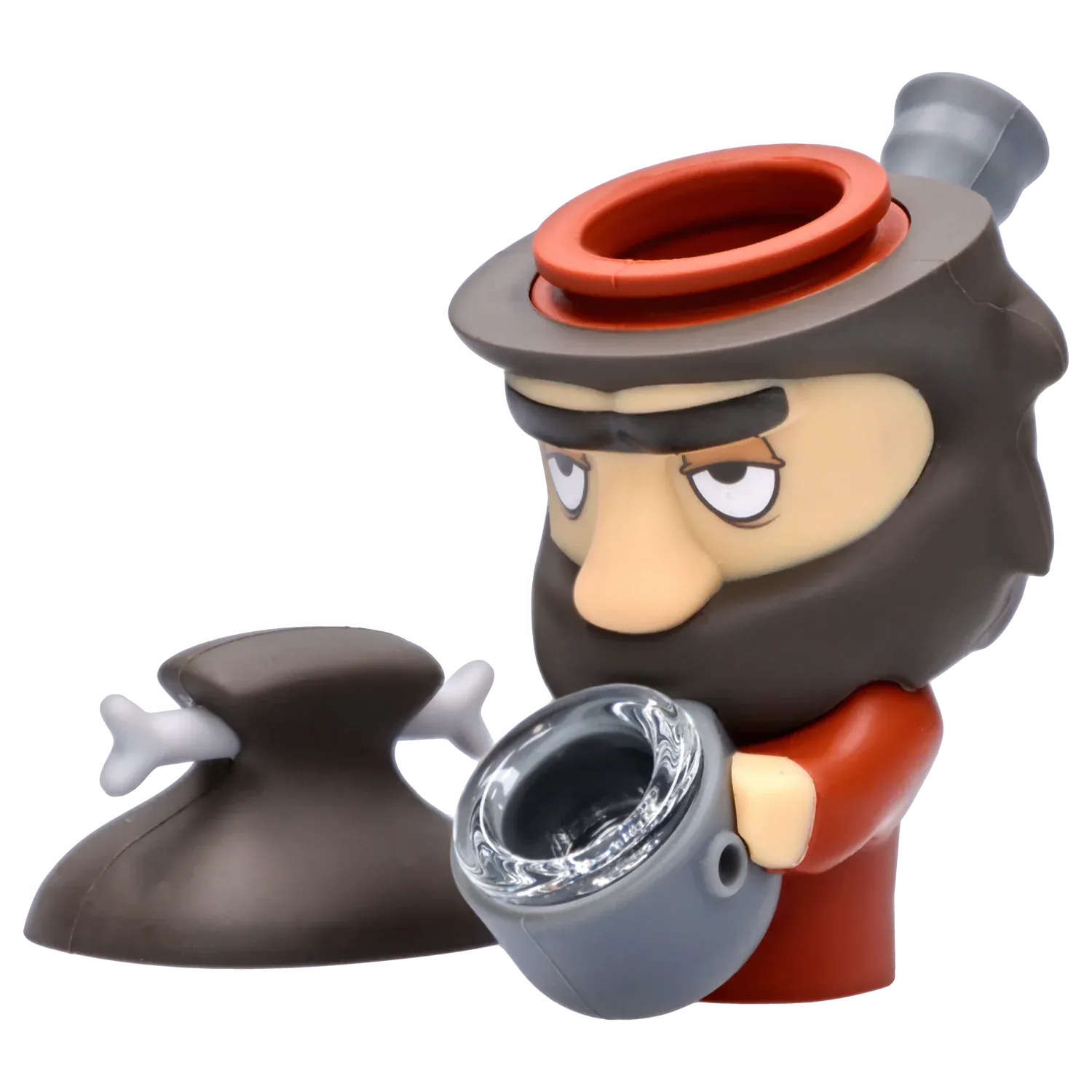 Three-quarter view of the DHC Originals Caveman Silipipe figurine holding a gray bowl next to a brown pouch, on a white background