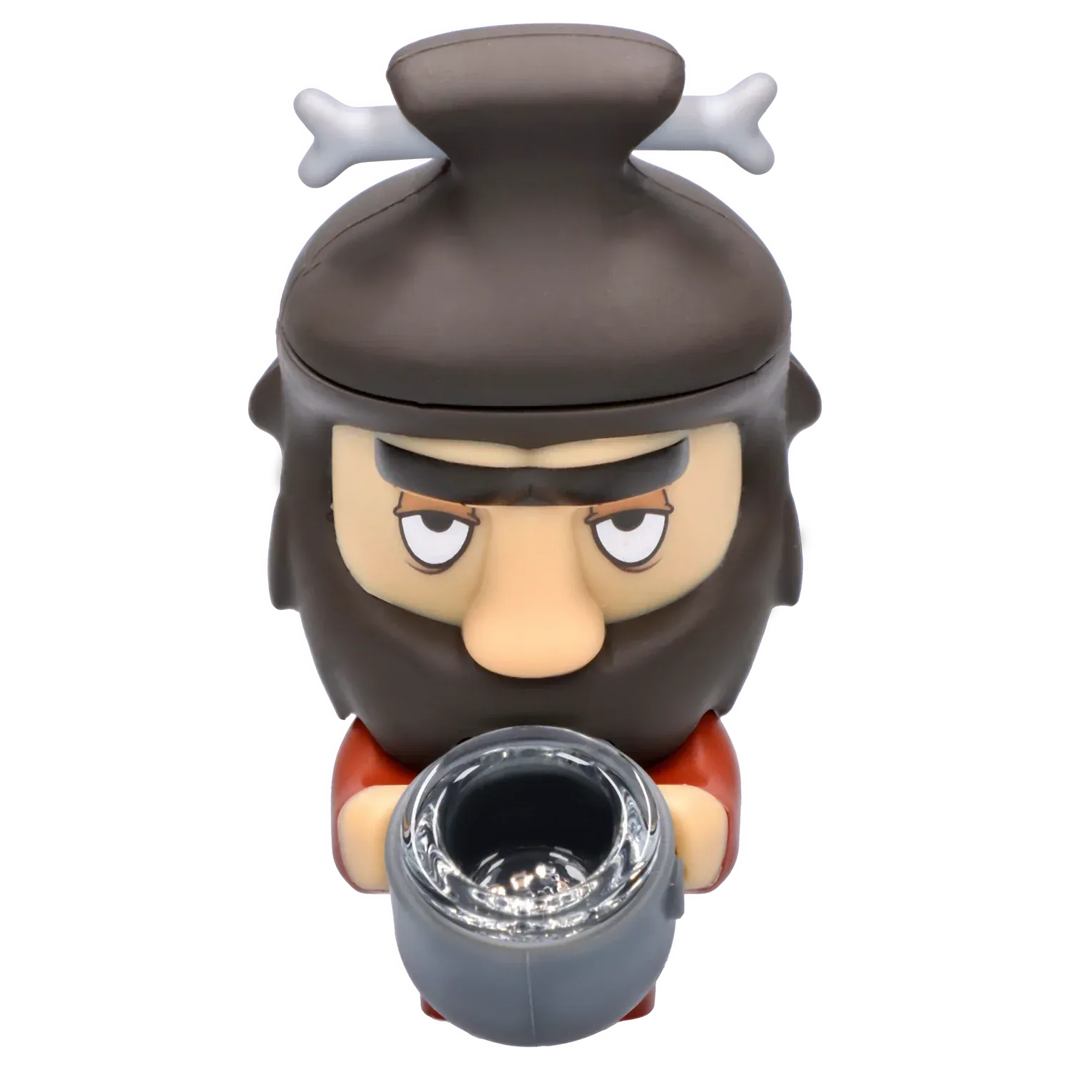 Top-down close-up of a brown-helmeted figure holding a gray bowl, the DHC Originals Caveman Silipipe shown straight-on.
