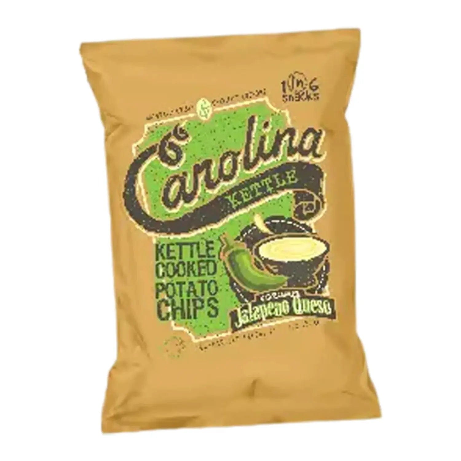 Front view of Carolina Kettle Cozumel Jalapeno Queso Chips packaging with a bright yellow backdrop and bold text.