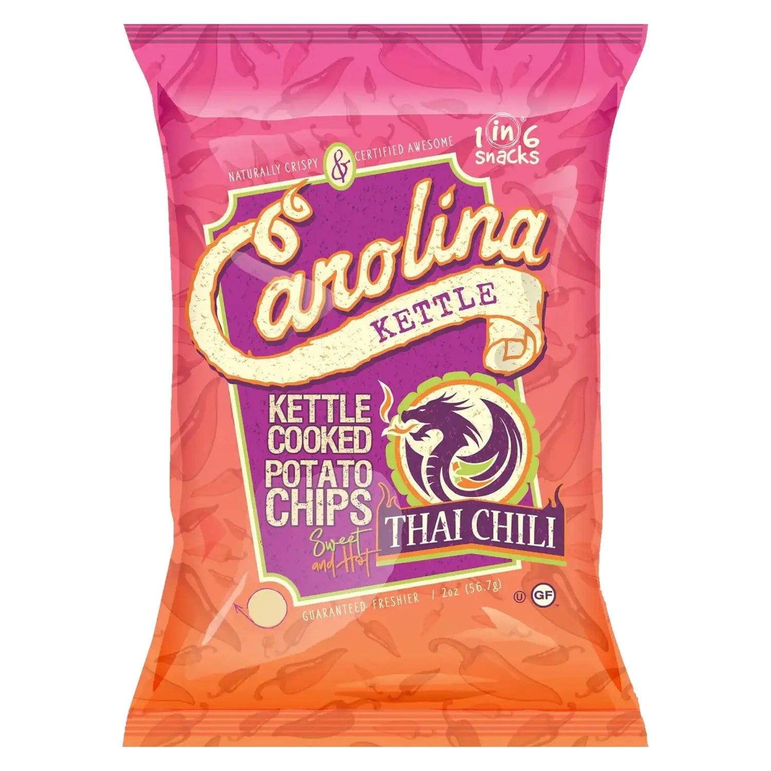 A front view of Carolina Kettle Thai Chili Chips in a bright red bag with bold, curved lettering.