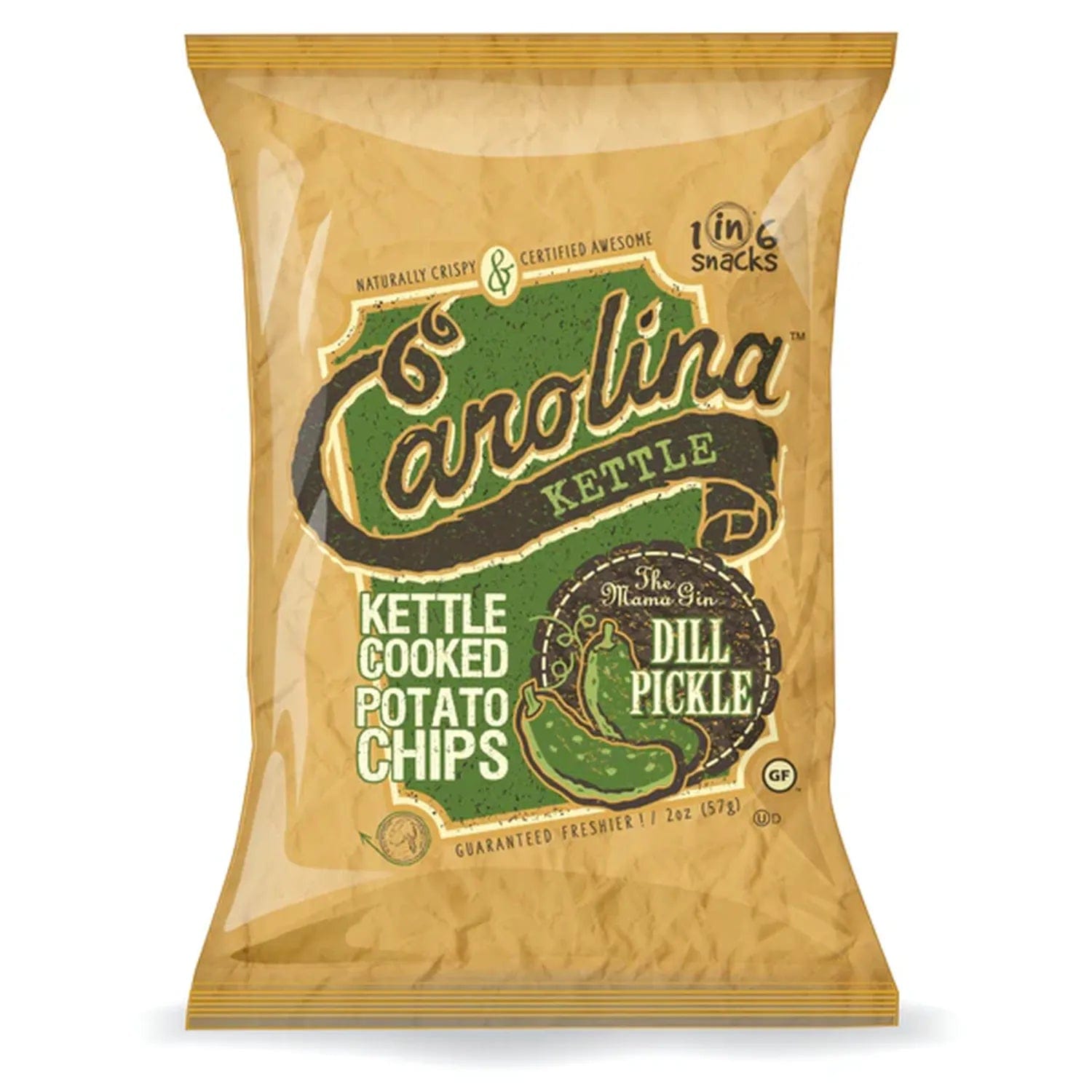 A front view of Carolina Kettle The Mama Gin Dill Pickle Chips in a bright yellow bag.