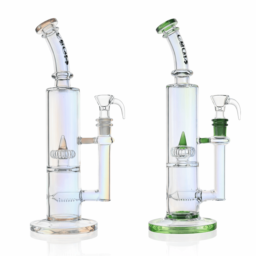 Side-by-side front view of two Croia Glass 10" Dual Chamber Scientific Bong with Inline and Rocket Perc | Croia Glass pieces, one with green accents and one with clear iridescent glass on a white background.