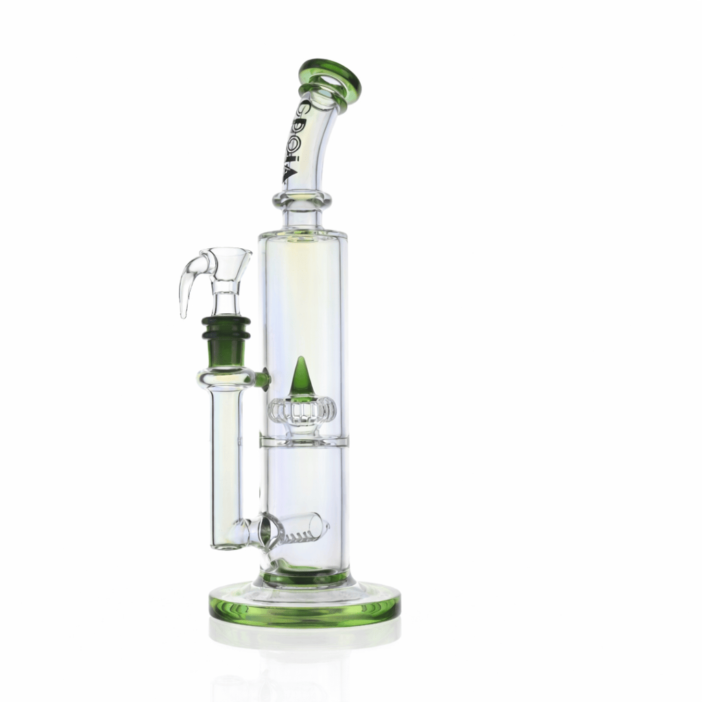 Side view of the Croia Glass 10" Dual Chamber Scientific Bong with Inline and Rocket Perc | Croia Glass showing clear glass with green accents, stacked chambers, and angled mouthpiece.