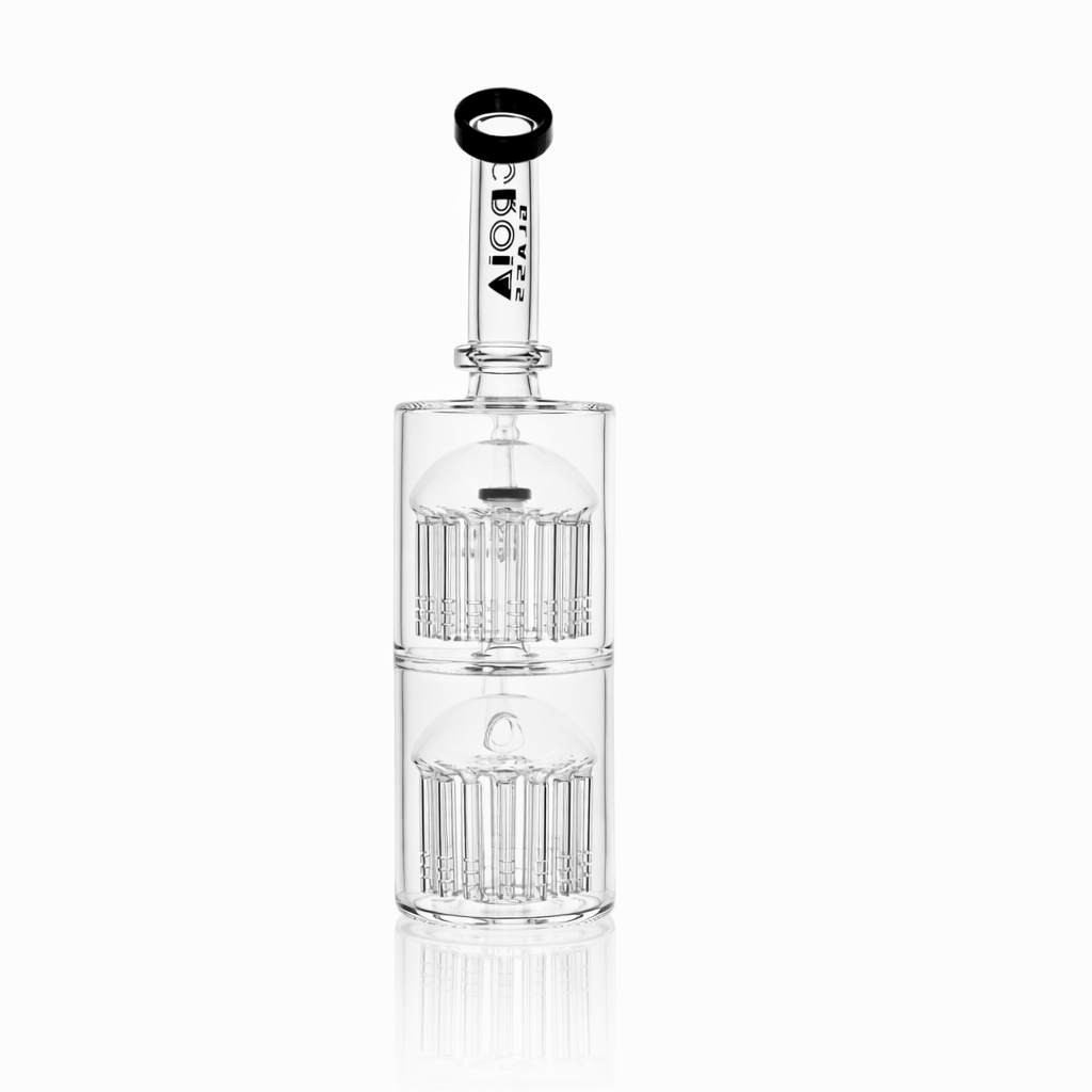 Center-frontal view of the Croia Glass 11" Double Tree Perc Scientific Glass Bong showing two stacked tree percs inside clear glass against a white background.