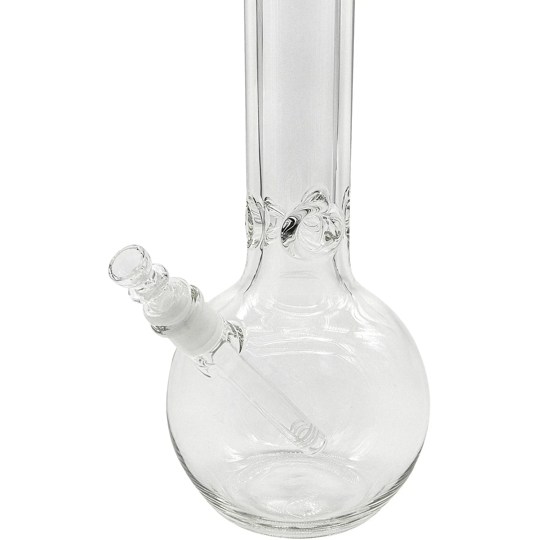 Close-up front view of the clear "Iron Mace" Heavy 9mm Bubble Bong showing the straight neck, spherical base and angled removable bowl.