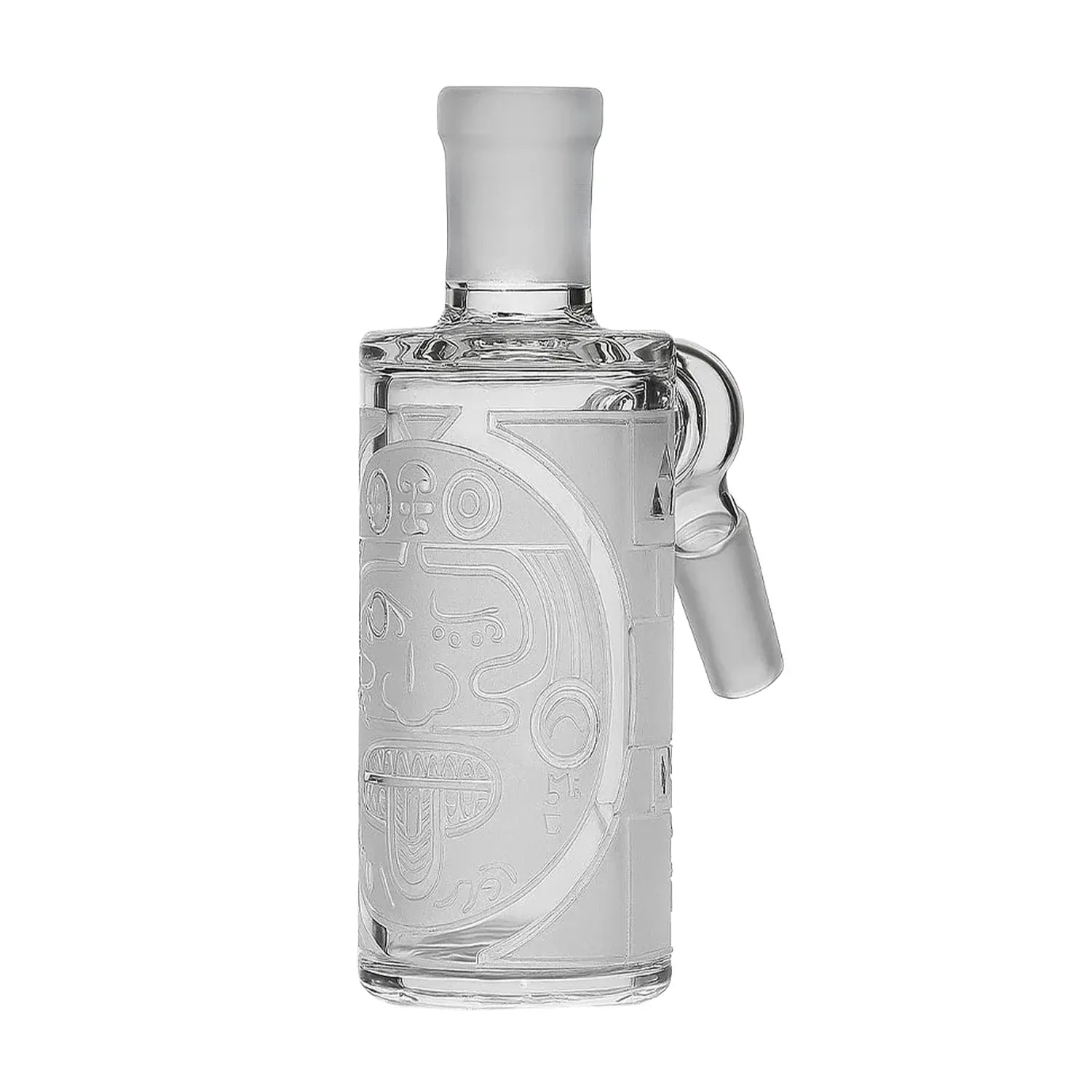 Close-up front view of the clear Milkyway Maya Wet Ash Catcher showing frosted rim, etched tribal face design, and side joint.