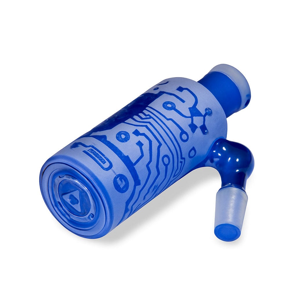 Angled close-up of the Milkyway Circuitboard Wet Ash Catcher showing its blue frosted glass body with circuit-board patterning and glossy joint.