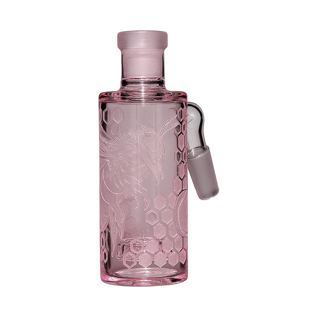 Front view of the Milkyway Bee Hive Wet Ash Catcher in translucent pink glass with etched bee and honeycomb details.