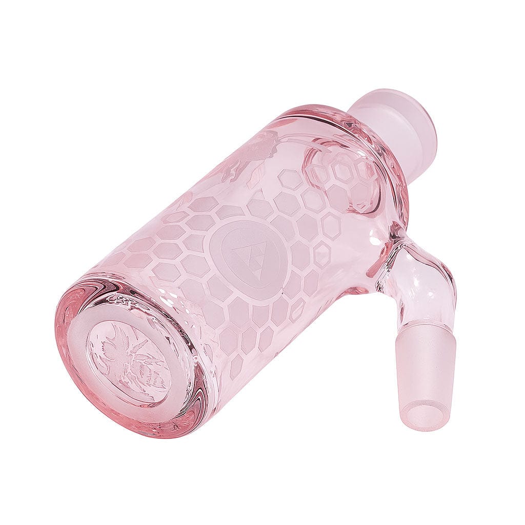 Angled close-up of the pink Milkyway Bee Hive Wet Ash Catcher showing honeycomb etching and frosted joint details.