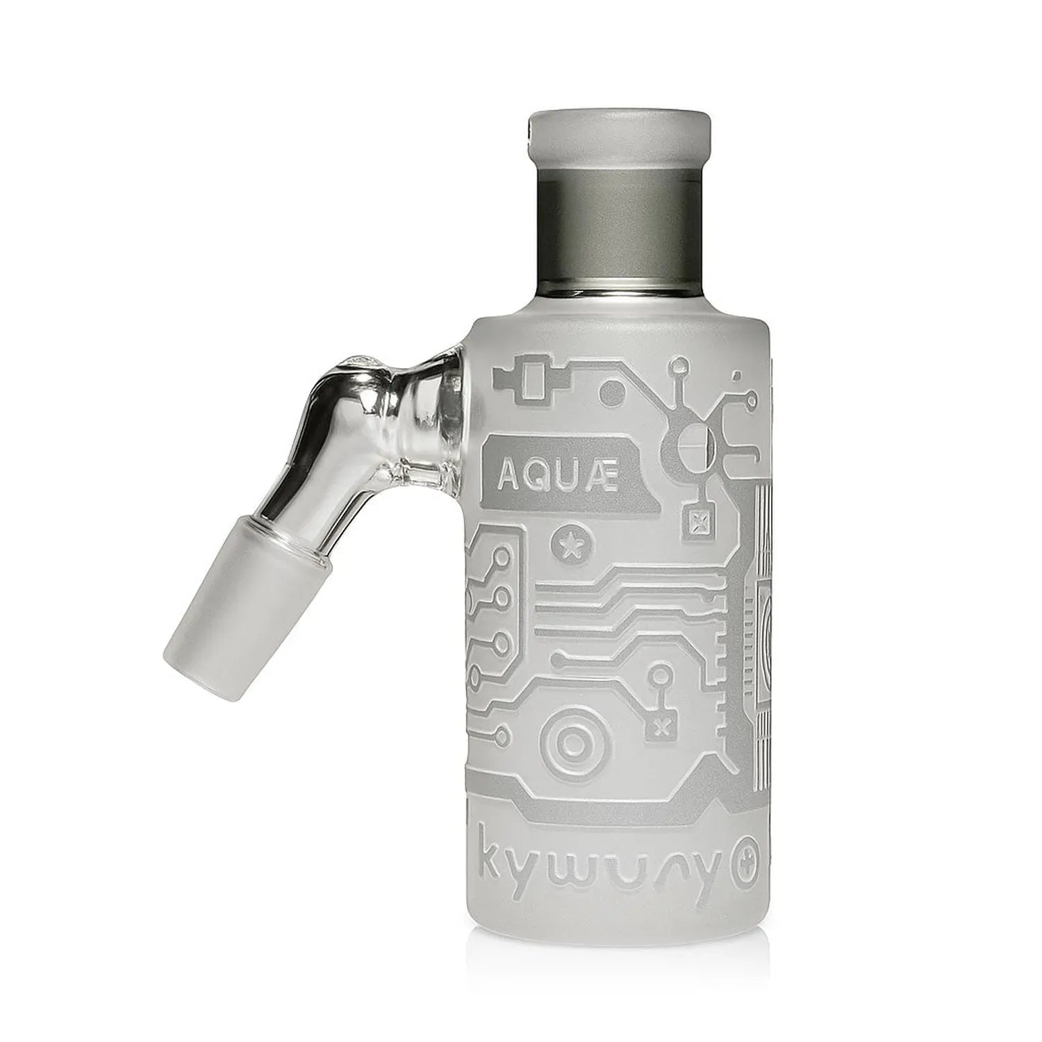 Close-up side view of the Milkyway Circuitboard Wet Ash Catcher showing its frosted glass body with etched circuitboard patterns and a clear angled joint.