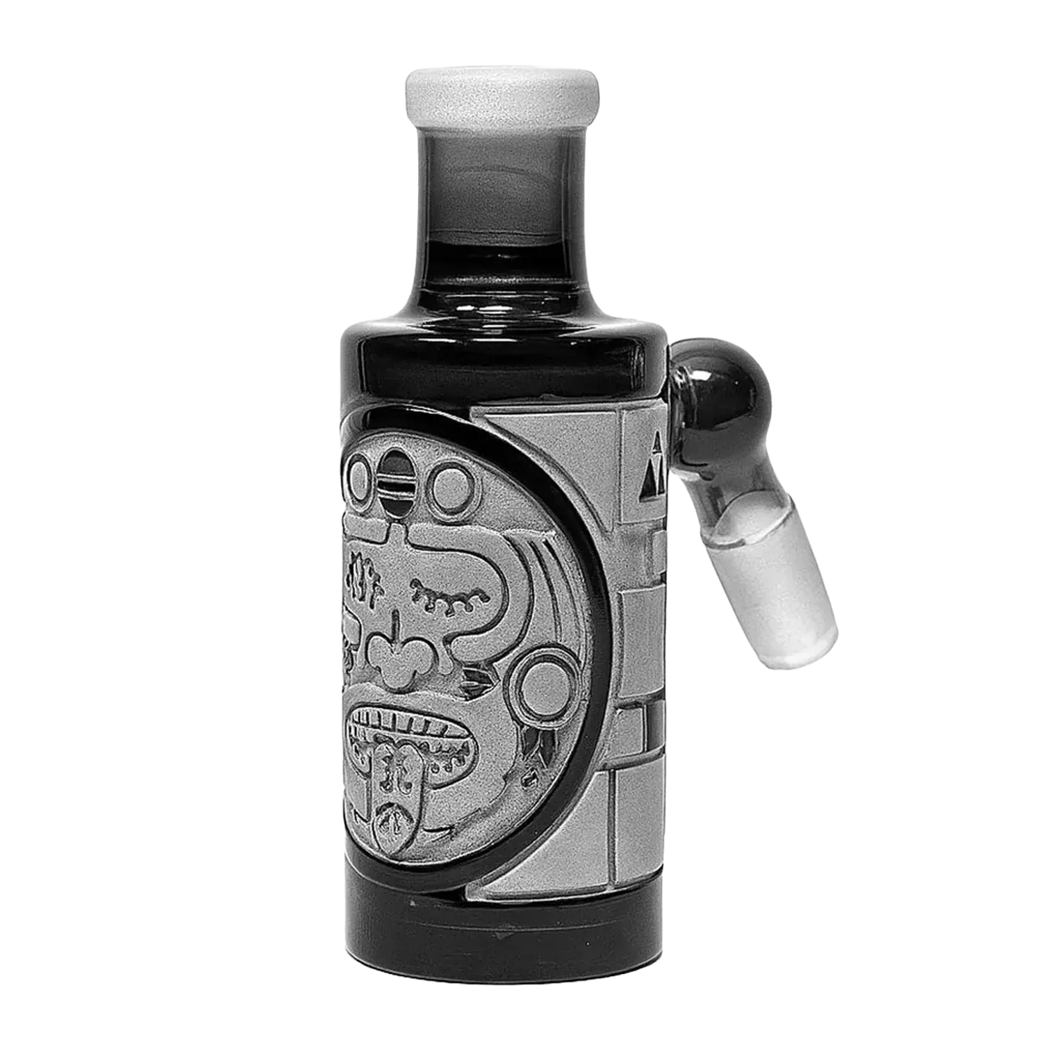 Front-facing close-up of the Milkyway Maya Wet Ash Catcher showing a carved Maya face motif on a cylindrical body and a side joint.
