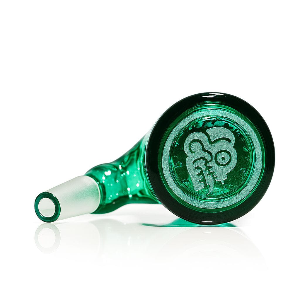Close-up low-angle view of the green Milkyway Maya Wet Ash Catcher lying on its side, showing the frosted joint and embossed circular Maya emblem.