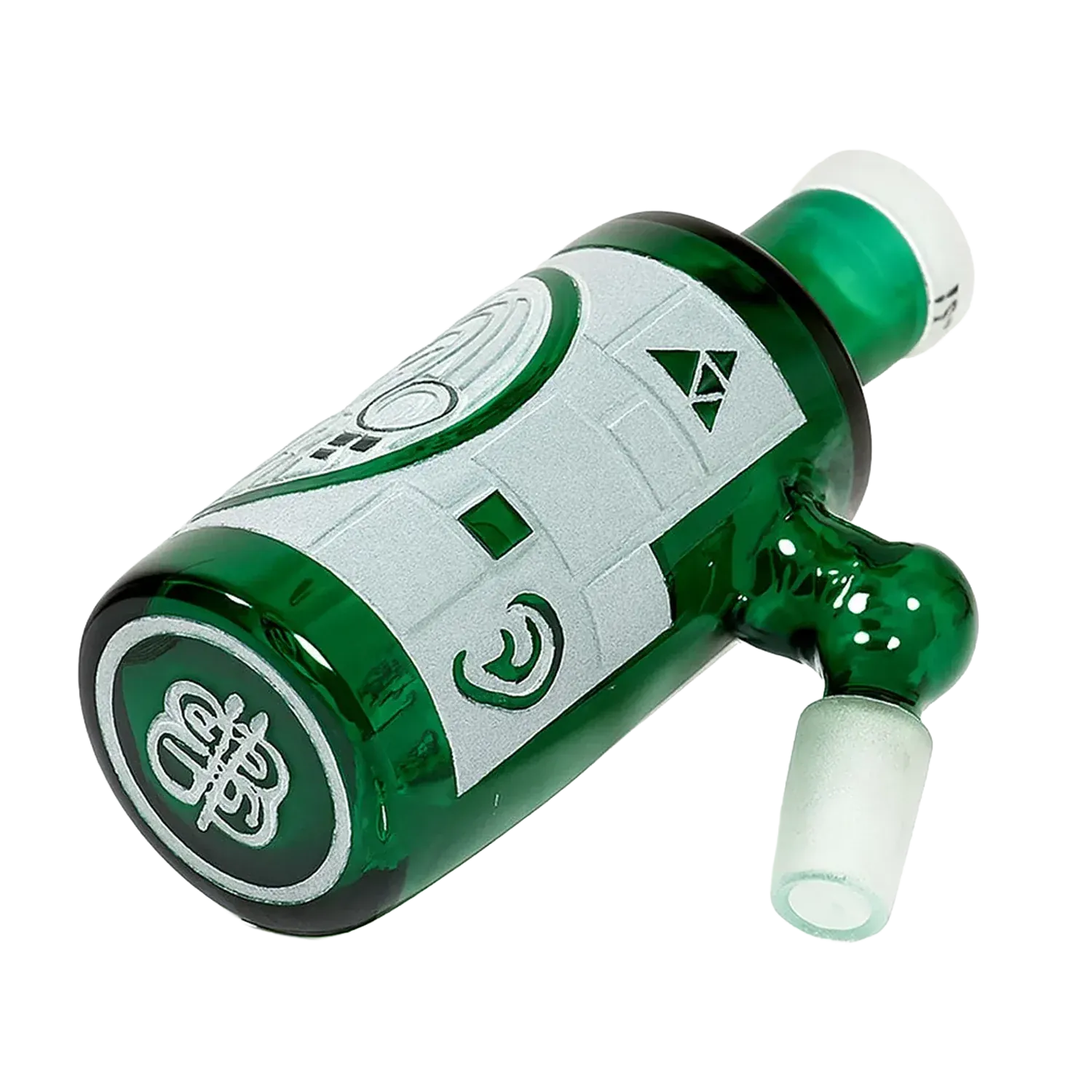Angled close-up of the green Milkyway Maya Wet Ash Catcher showing etched silver patterns, a side joint, and glossy glass highlights