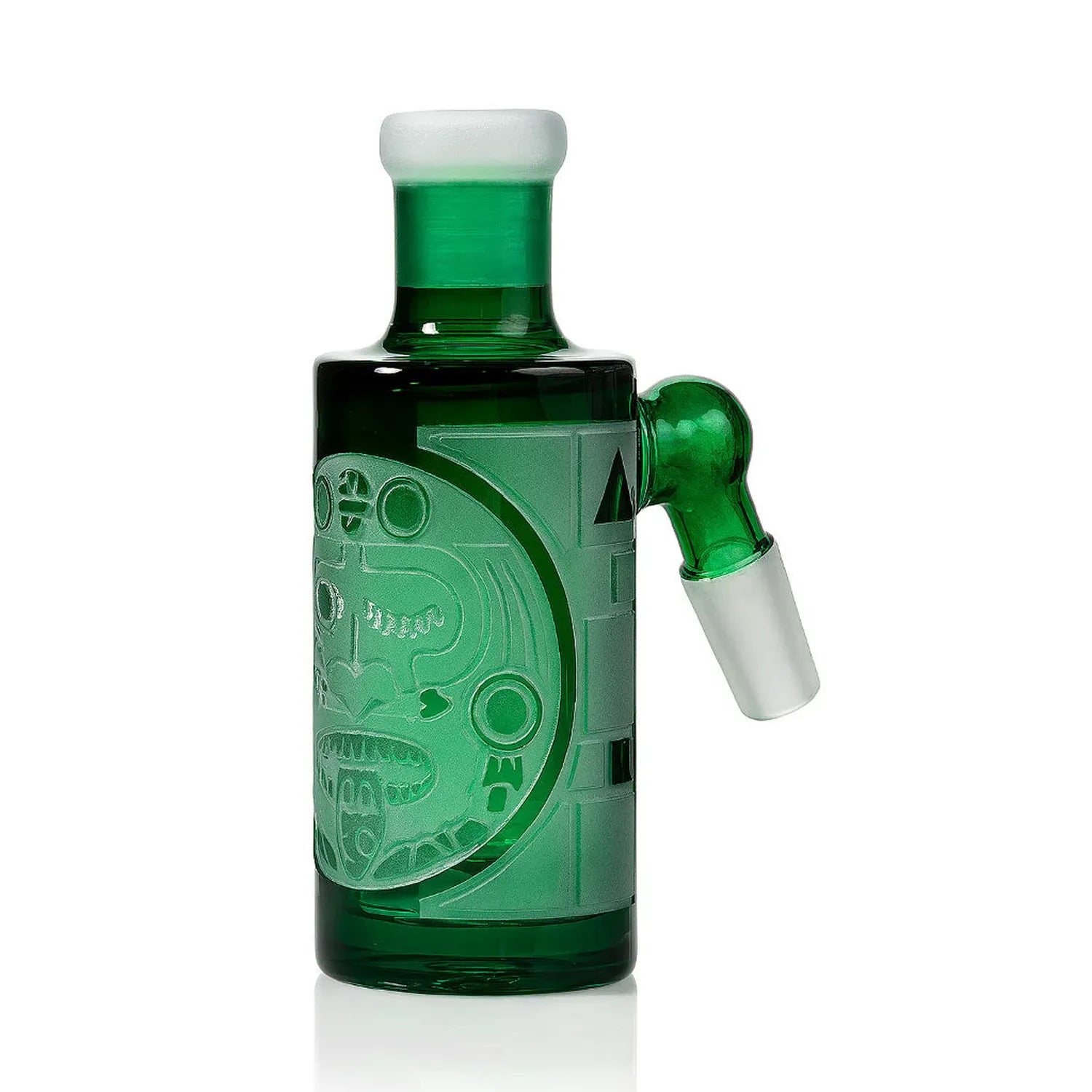 Close-up front view of the green Milkyway Maya Wet Ash Catcher showing its frosted carved glyph design and a 45° clear joint angled to the right.