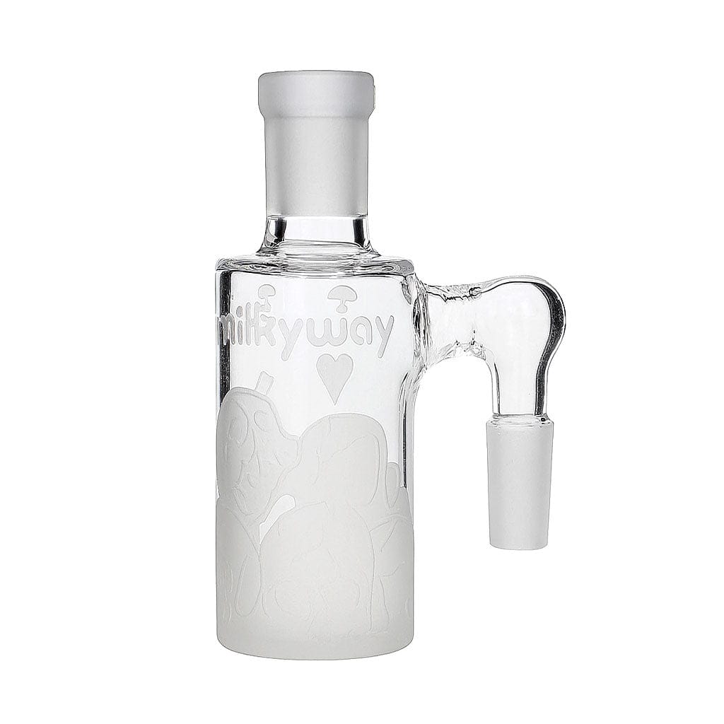 Front-facing view of the clear glass Milkyway Emperor’S Legacy Wet Ash Catcher with frosted lower body and right-side angled joint against a white background