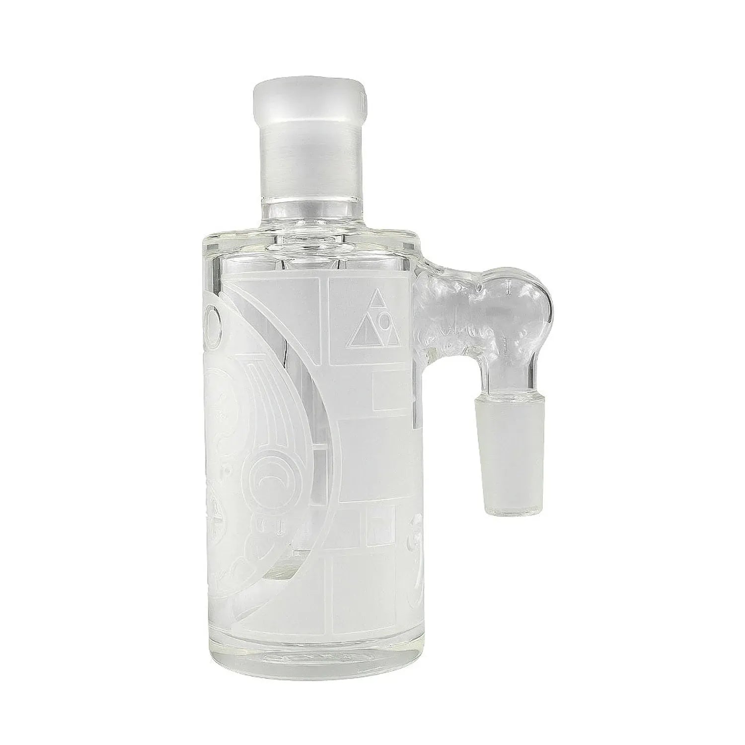 Close-up front view of the frosted glass Milkyway Maya Wet Ash Catcher showing its 90° side arm and etched geometric designs.