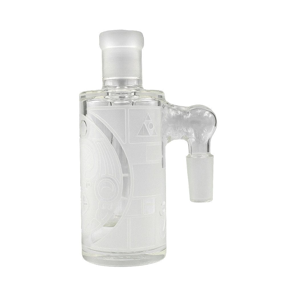 Straight-on view of the Milkyway Maya Wet Ash Catcher showing its frosted etched cylinder and clear angled joint against a white background.