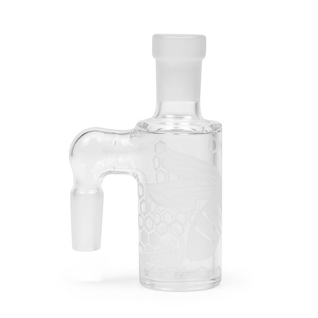 Front-facing view of the Milkyway Bee Hive Wet Ash Catcher in clear glass with a frosted bee-and-honeycomb etching against a white background