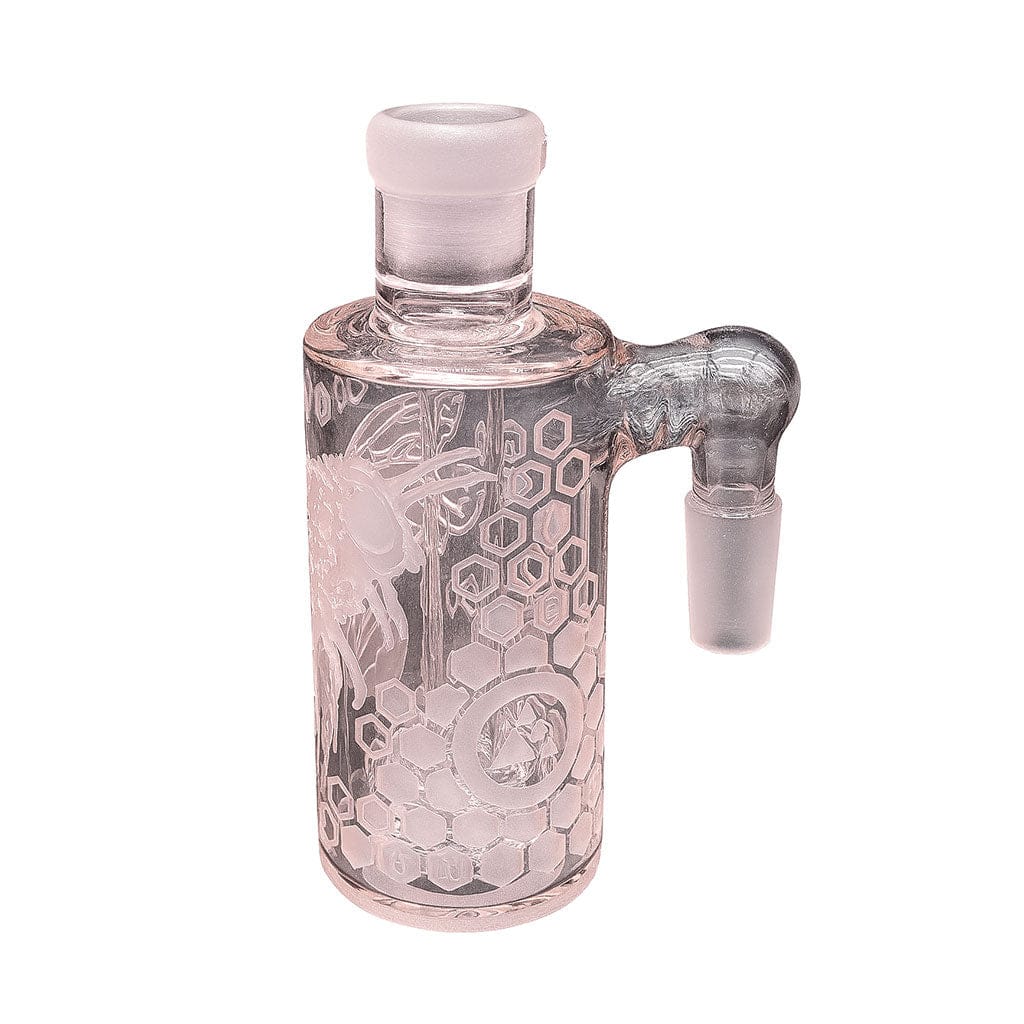 Angled front view of the Milkyway Bee Hive Wet Ash Catcher in pale pink glass featuring etched honeycomb and bee motifs.