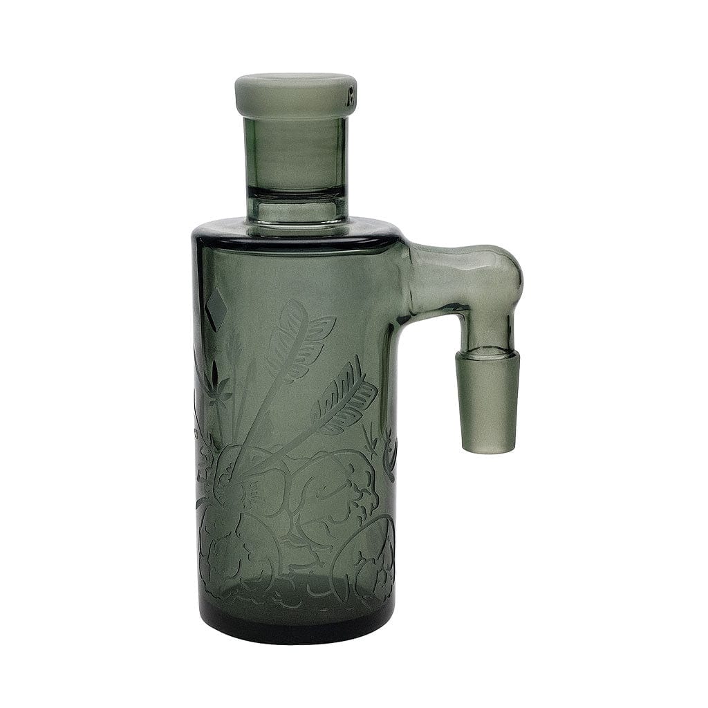 Front-facing view of the Milkyway Emperor’S Legacy Wet Ash Catcher in smoky green glass with etched floral motifs and a right-side joint.