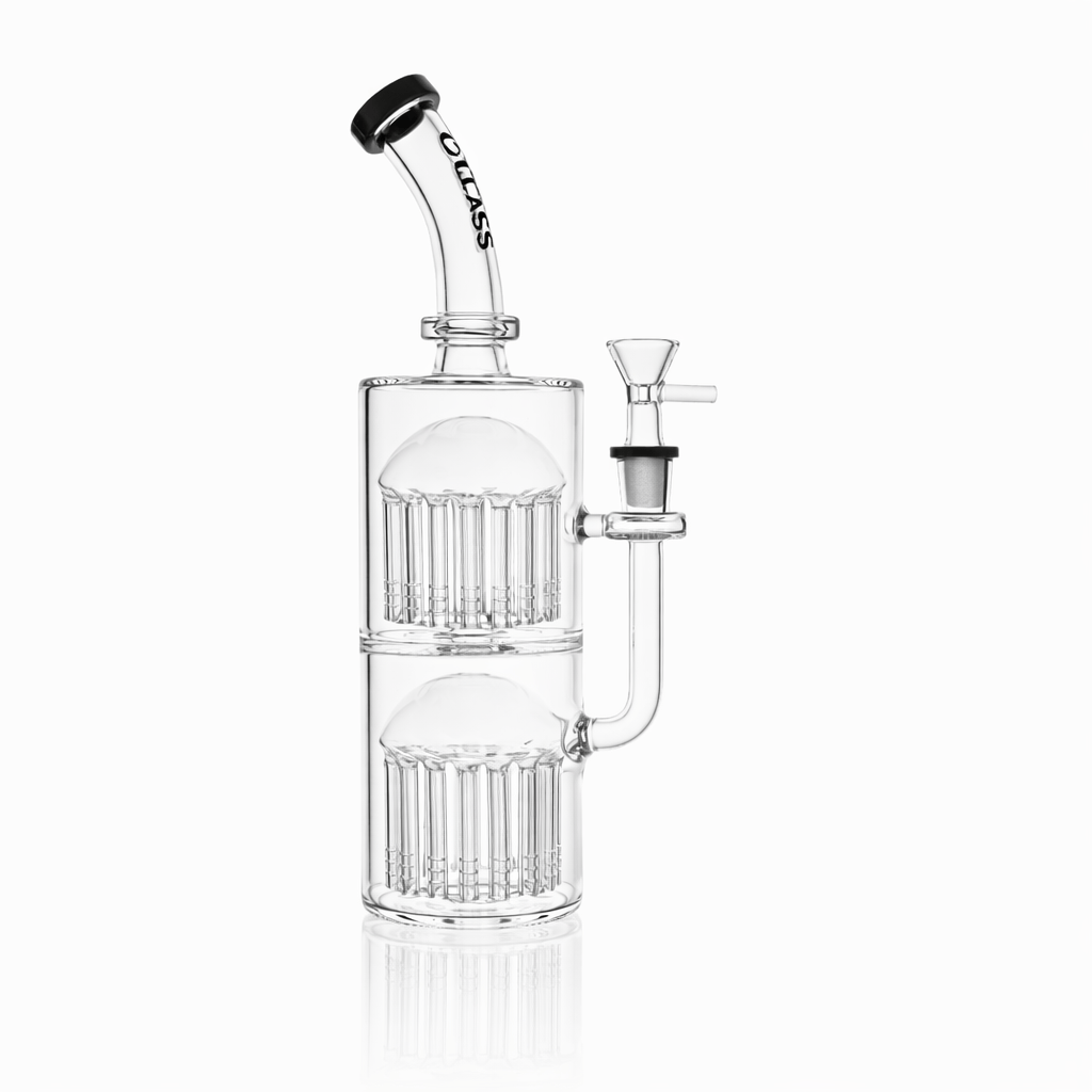 Front view of the Croia Glass 11" Double Tree Perc Scientific Glass Bong showing its clear dual-chamber tree percs and angled mouthpiece on a white background