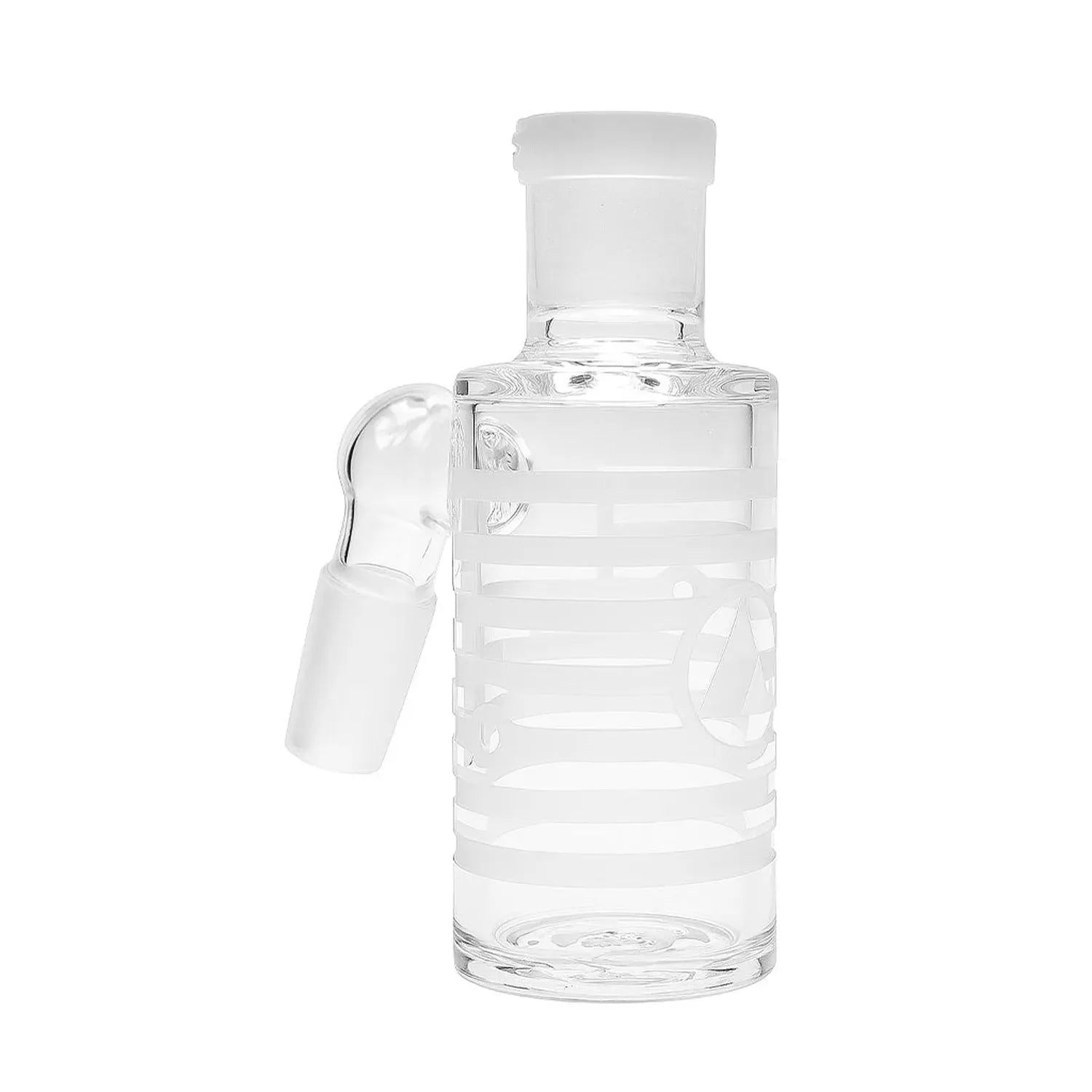 Close-up front view of the clear Milkyway Universe Ash Catcher showing its frosted striped body and angled male joint against a white background.