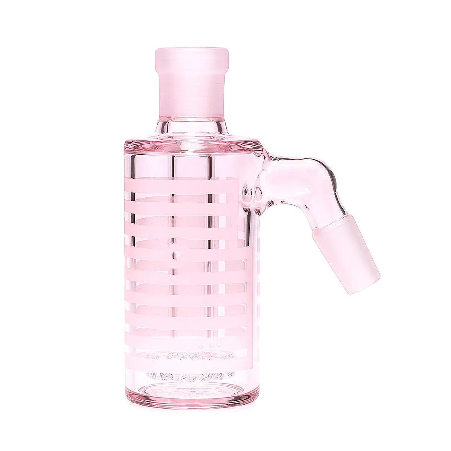 Close-up side view of the pink Milkyway Universe Ash Catcher showing its cylindrical body with horizontal frosted stripes and a 45° angled joint.