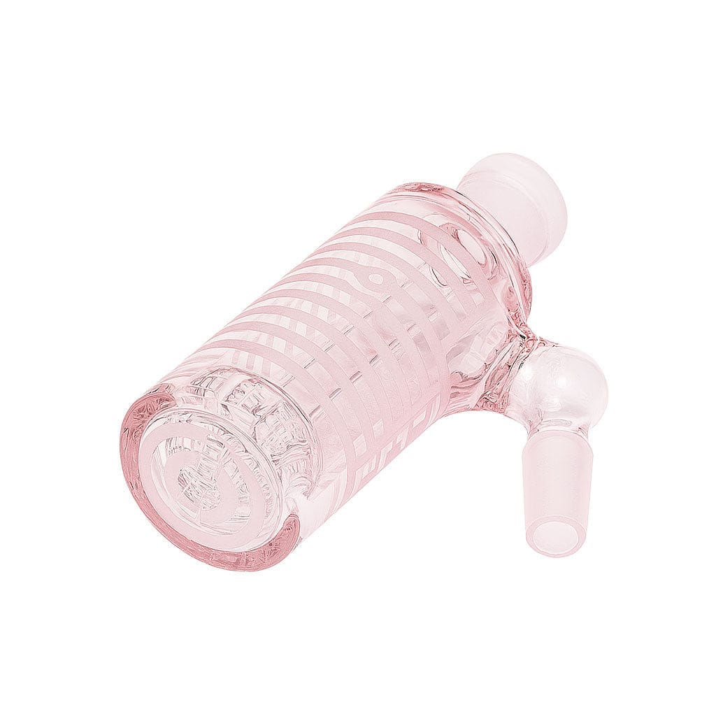 Angled close-up of a translucent pink Milkyway Universe Ash Catcher showing spiral and striped glass details with its joint and bowl connection visible.