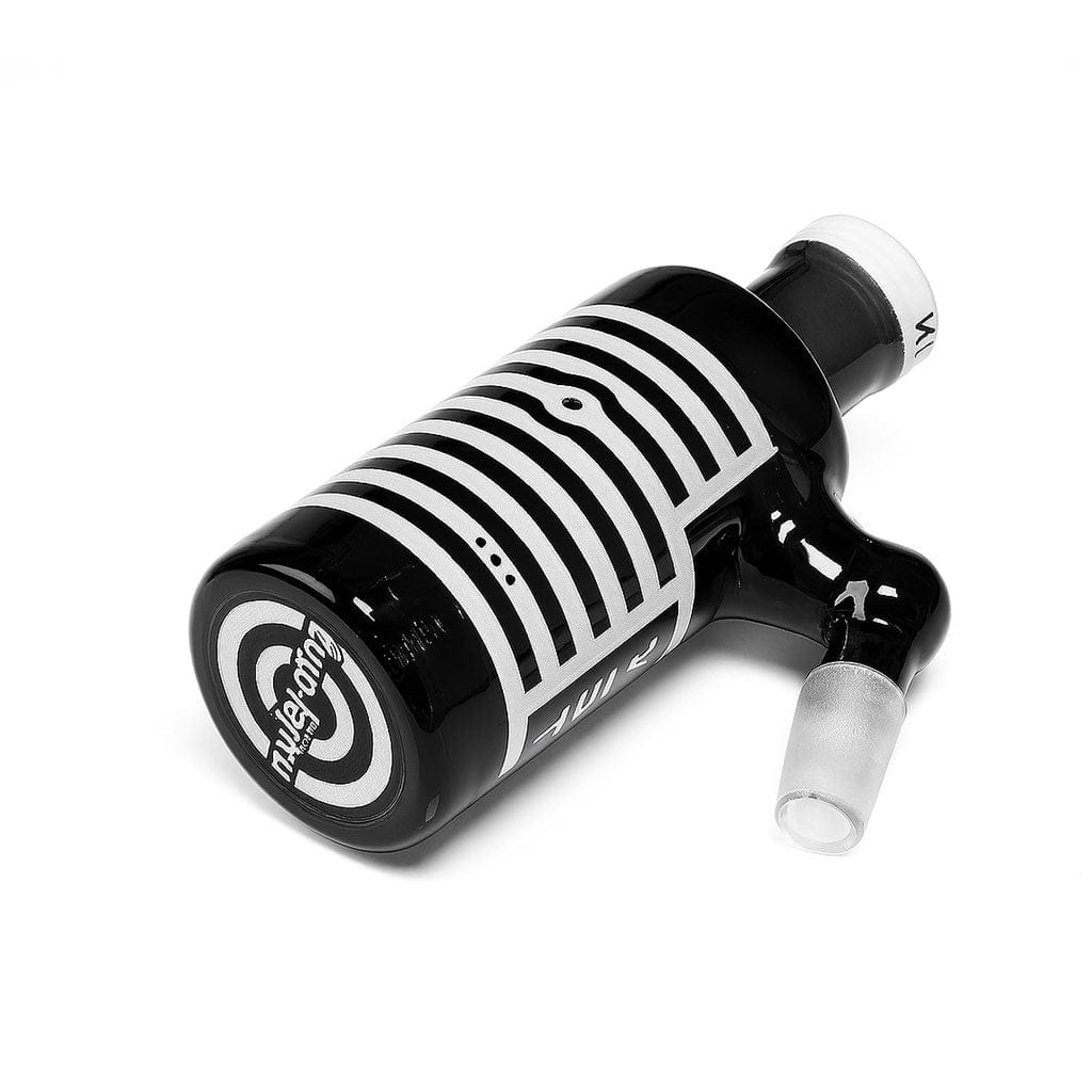Angled close-up of the black Milkyway Universe Ash Catcher with white concentric stripe graphics and a frosted glass joint.