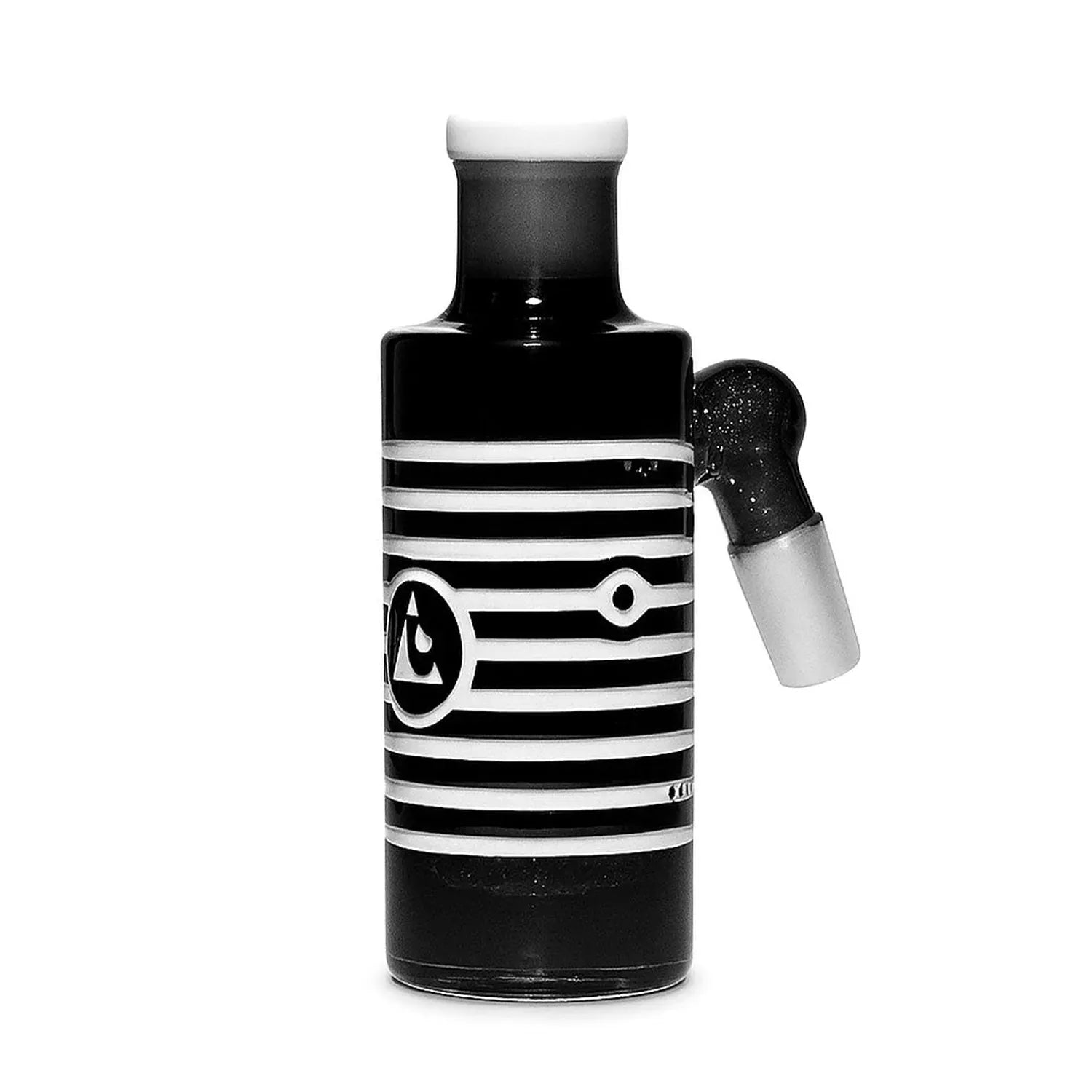 Close-up front view of the Milkyway Universe Ash Catcher showing a vertical black glass body with white horizontal stripes and a right-side angled joint.