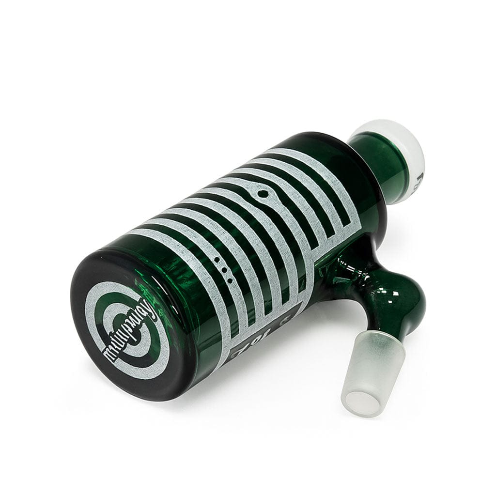 Angled close-up of the green Milkyway Universe Ash Catcher showing silver concentric stripes and a frosted glass joint on a white background
