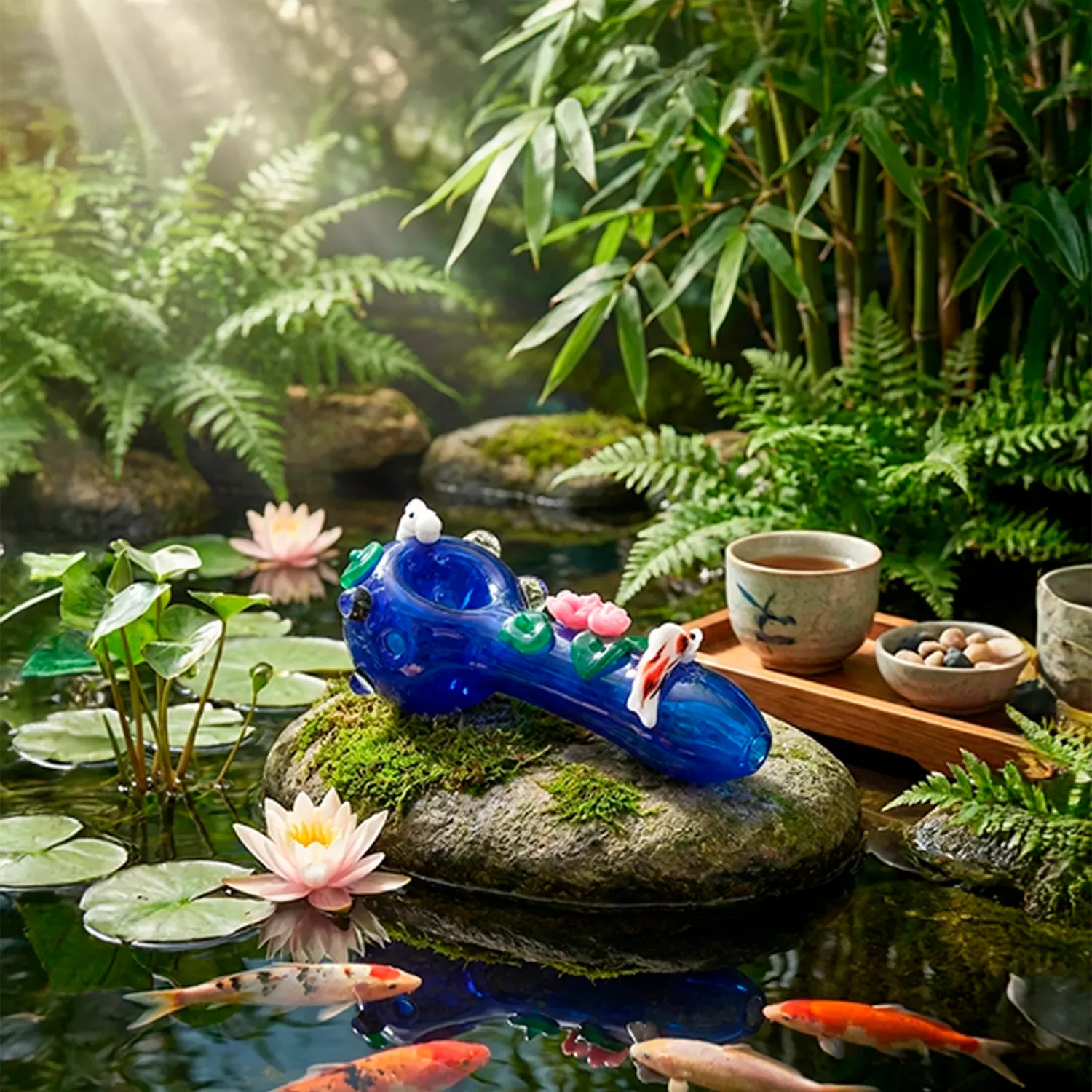 A close-up of the Koi Pond Mini Spoon Pipe resting on a mossy rock by lily pads and koi, soft sunlight and bamboo in the background.