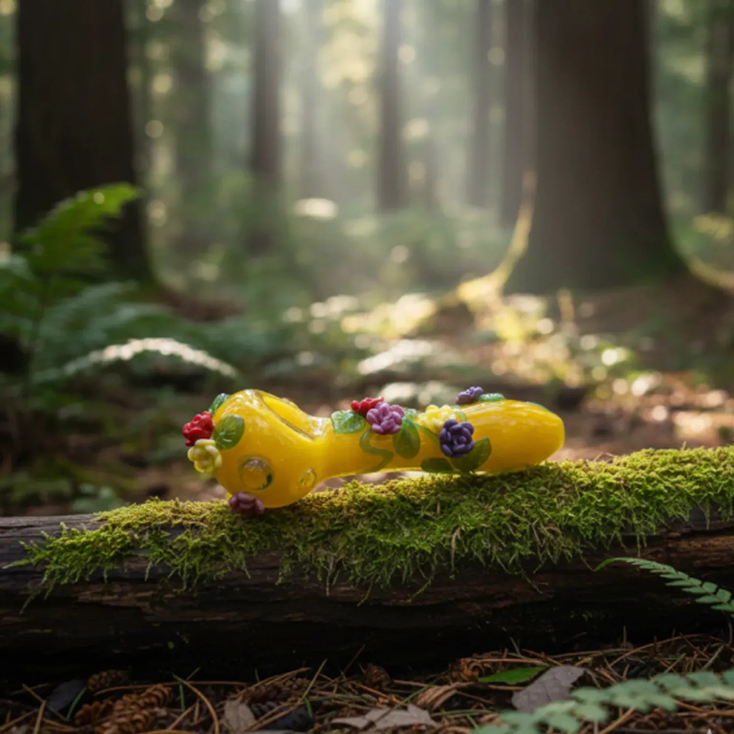 Side view of the Rainbow Garden Mini Spoon resting on mossy log in dappled forest light, decorated with tiny colorful flowers.