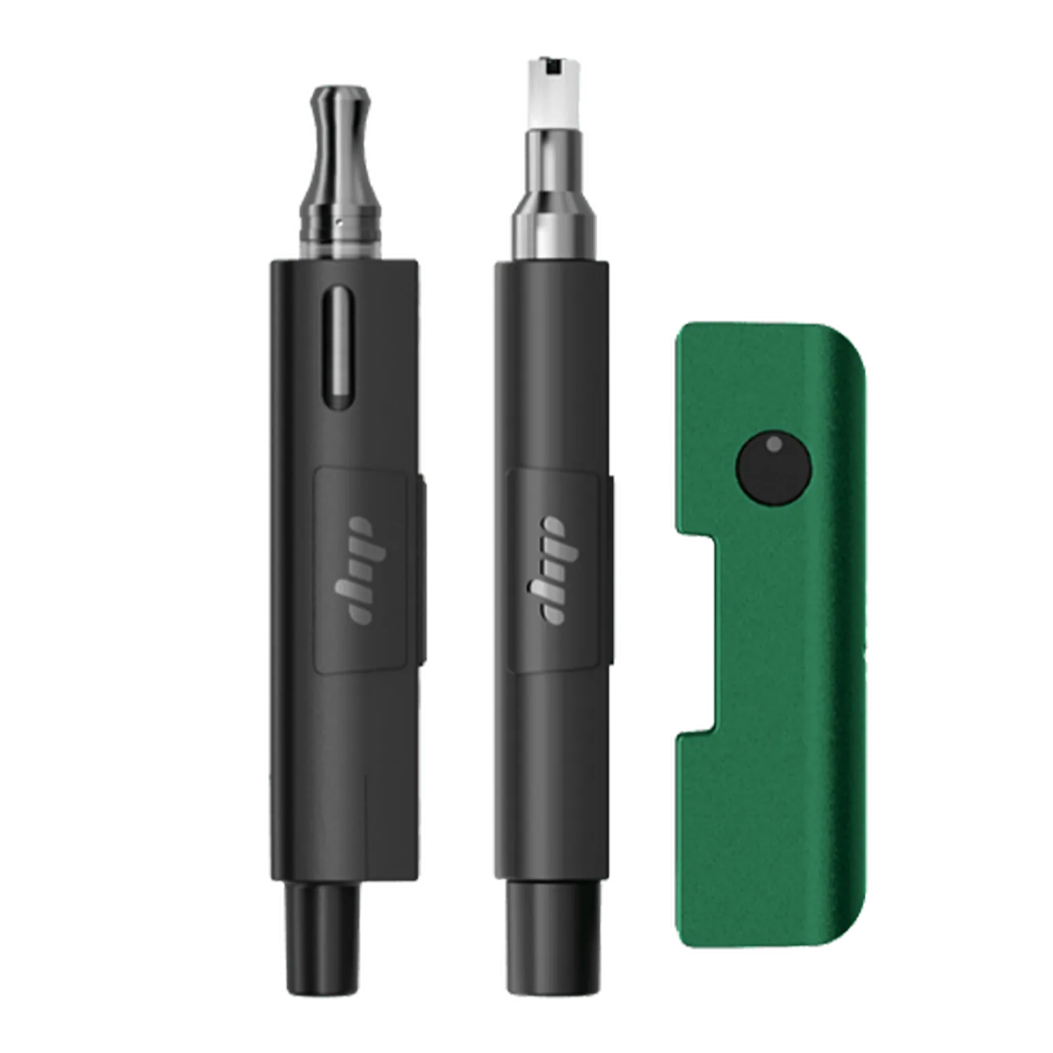Close-up front view of two black Dip Devices Evri For 510, Flower, And Concentrates cartridges beside a metallic cosmic pink green battery with a round black button.
