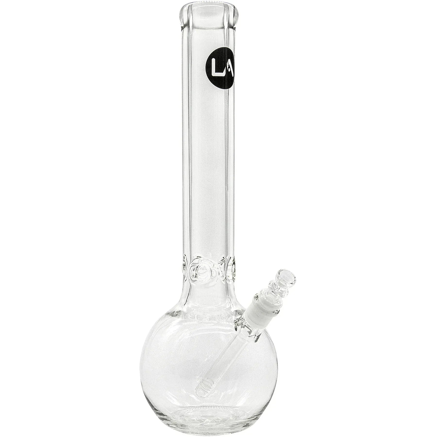 Center-framed studio shot of the clear "Iron Mace" Heavy 9mm Bubble Bong showing its tall straight neck, round bubble base, and angled downstem.