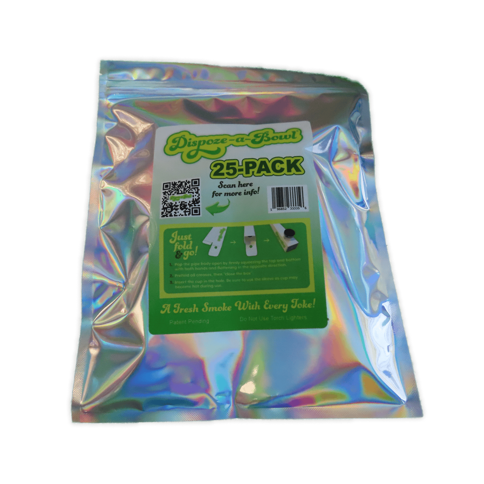 Top-down view of a holographic pouch labeled The Dispoze-a-Bowl® 25 Pack: Fresh, Clean, & Convenient Smoking Pipes with Stainless Steel Bowl showing its green product sticker, QR code, and barcode.